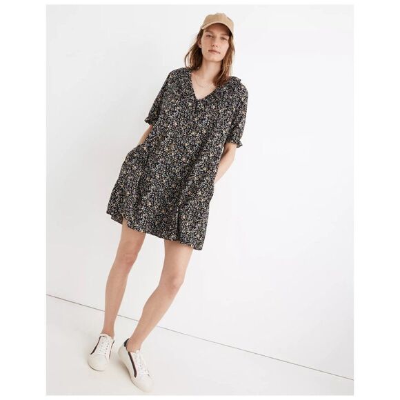 Madewell Ruffle Button Front Trapeze Folkmagic Black Floral Print Dress NA260 - Picture 2 of 13